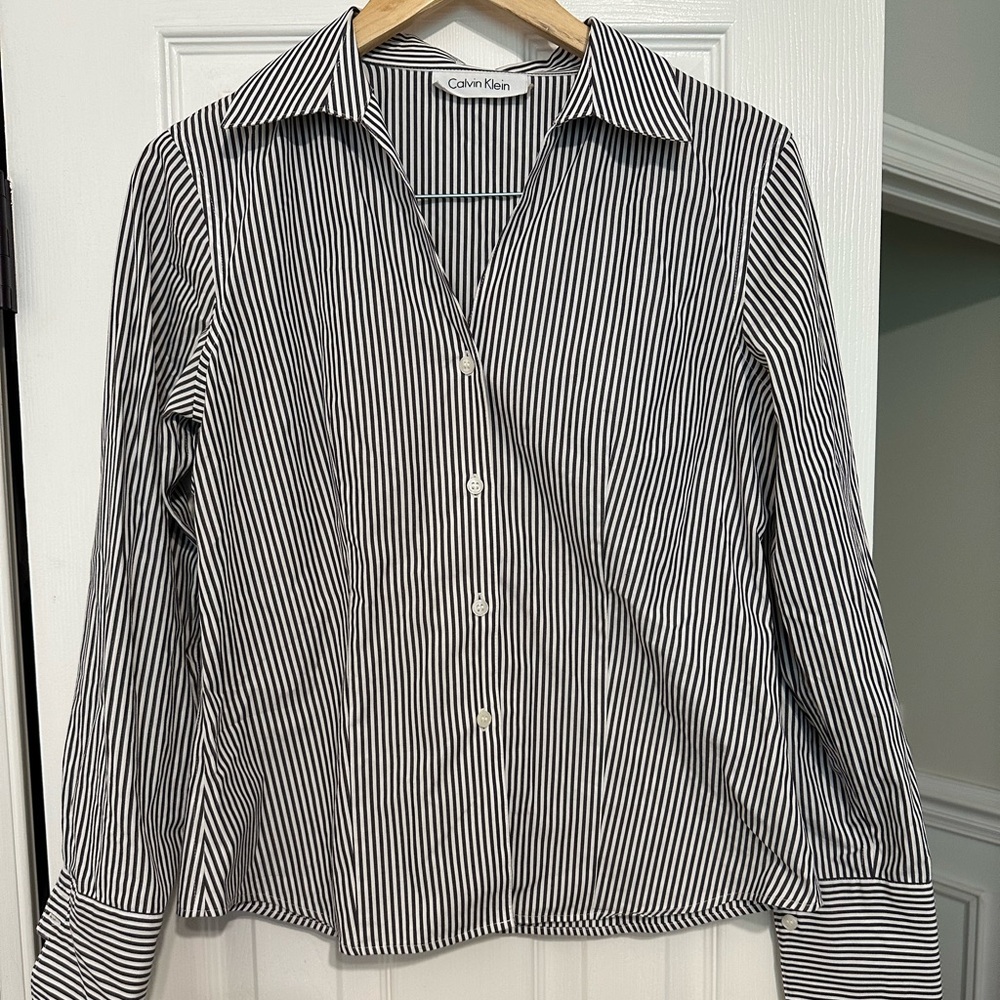 Calvin Klein Black and White Striped Button Down Shirt